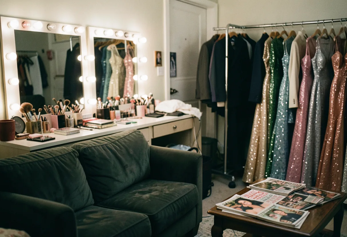 Cluttered dressing room with makeup, costumes, and celebrity gossip magazines, celebrity gossip shows.