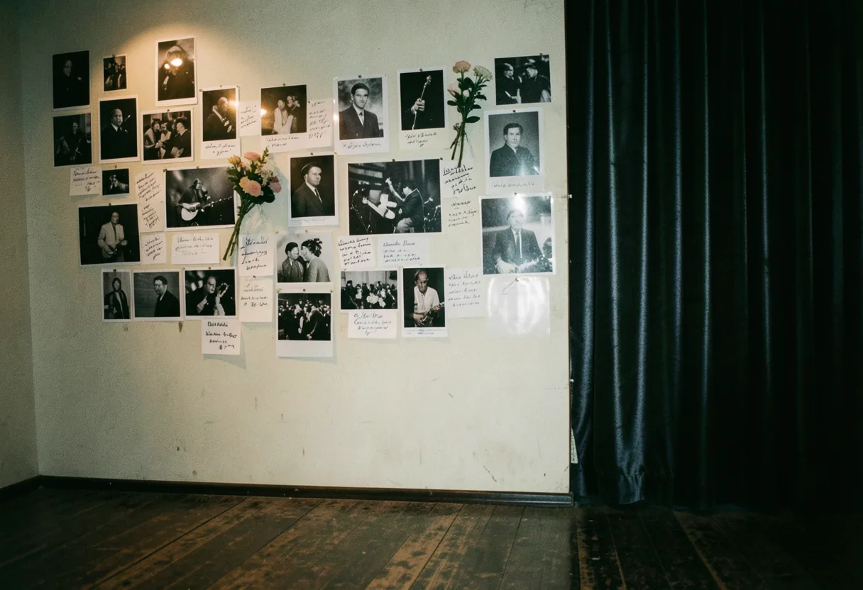 Dimly lit tribute wall in music venue, covered in black-and-white photos and notes.