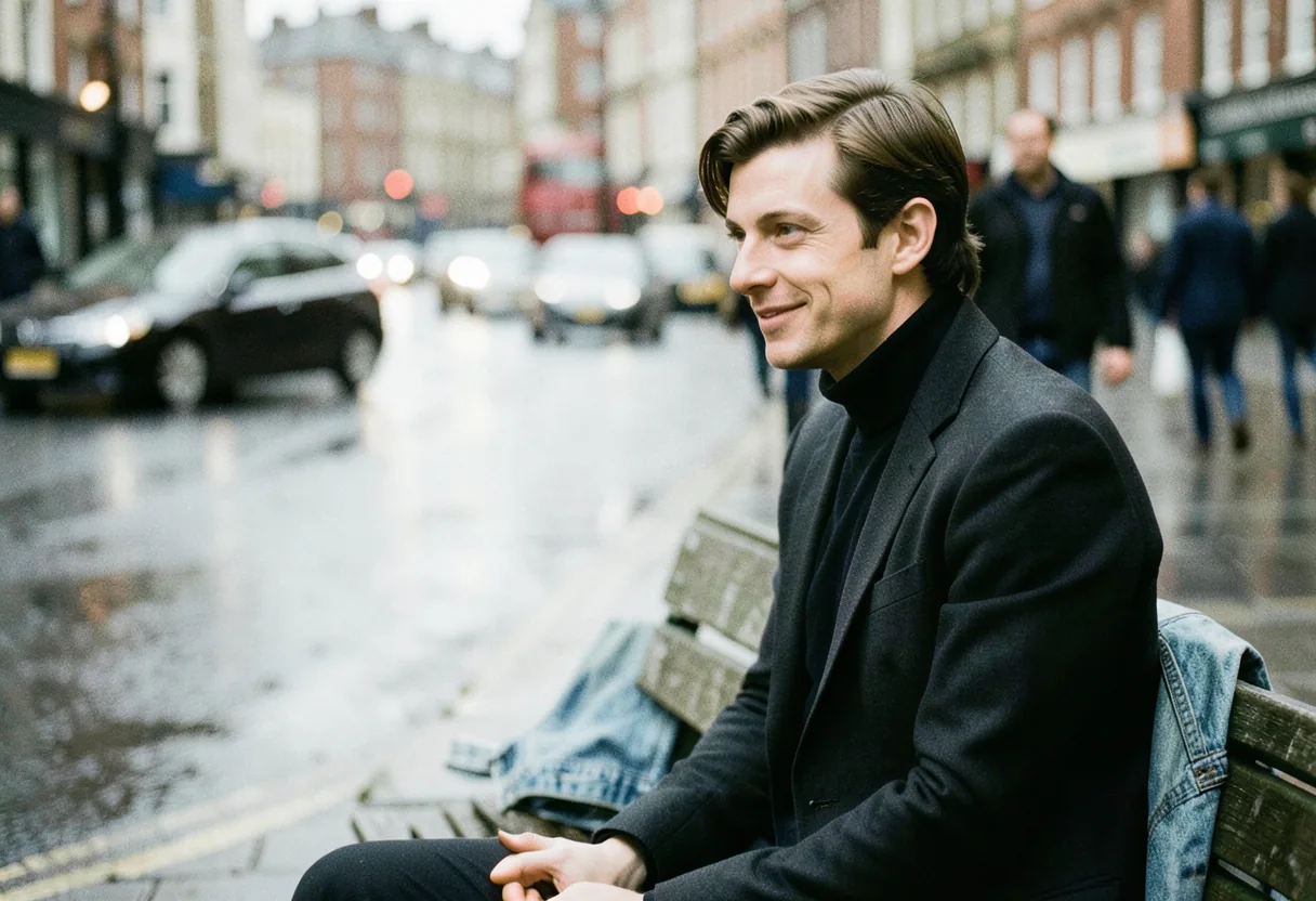 A British celebrity sits on a weathered wooden bench, mid-conversation, in soft light.