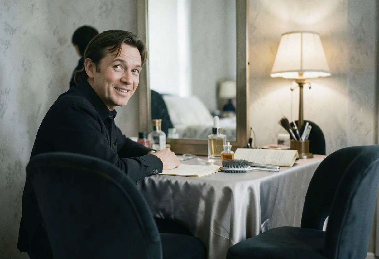 Renowned actor at vanity table, soft lighting, celebrity lifestyle tips.