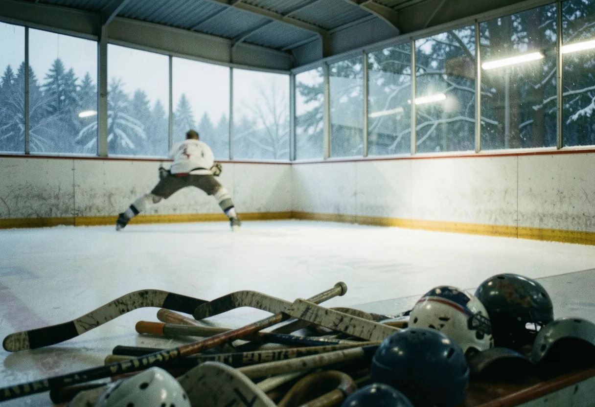 A vintage Canadian hockey rink with worn wooden boards under diffused light.