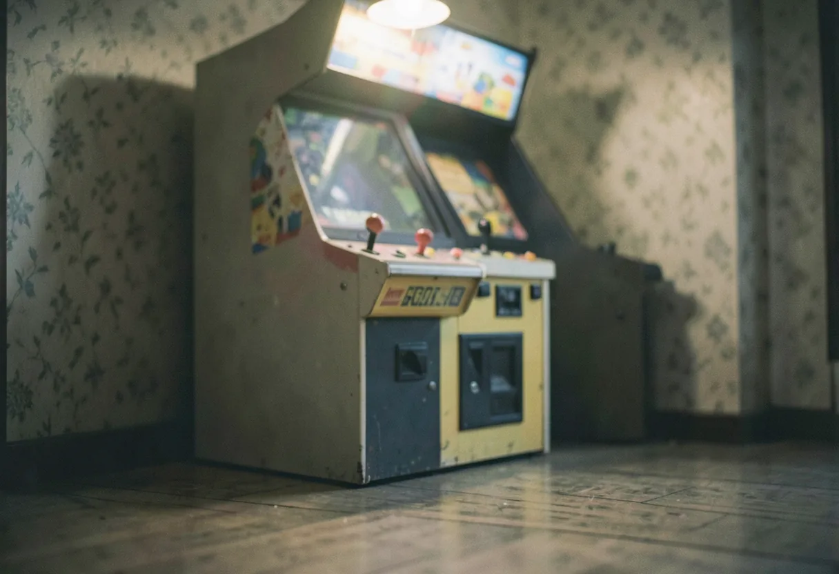 Vintage arcade machine, slightly faded, under soft diffused light, California fun facts.
