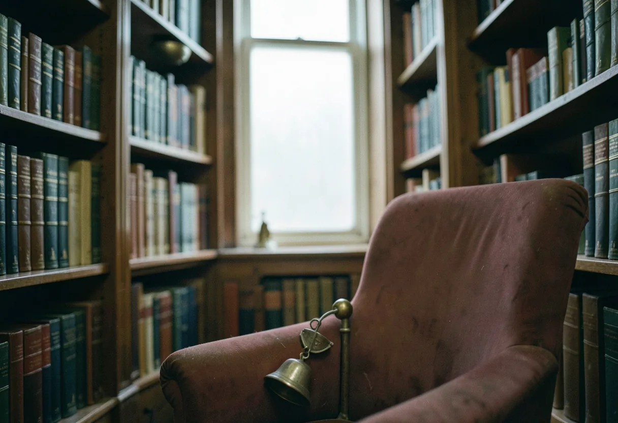 Vintage library with leather-bound books, mahogany shelves, brass fixtures, soft diffused light.
