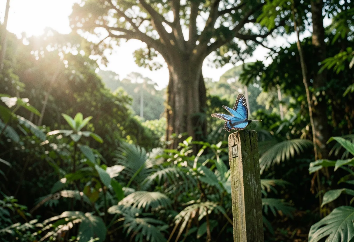 Costa Rica rainforest, vibrant green foliage, towering ceiba tree, lush wildlife habitat.