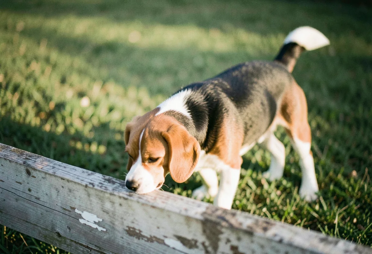 Beagle sniffing ground, ears perked, tail raised, muted colors, soft light.