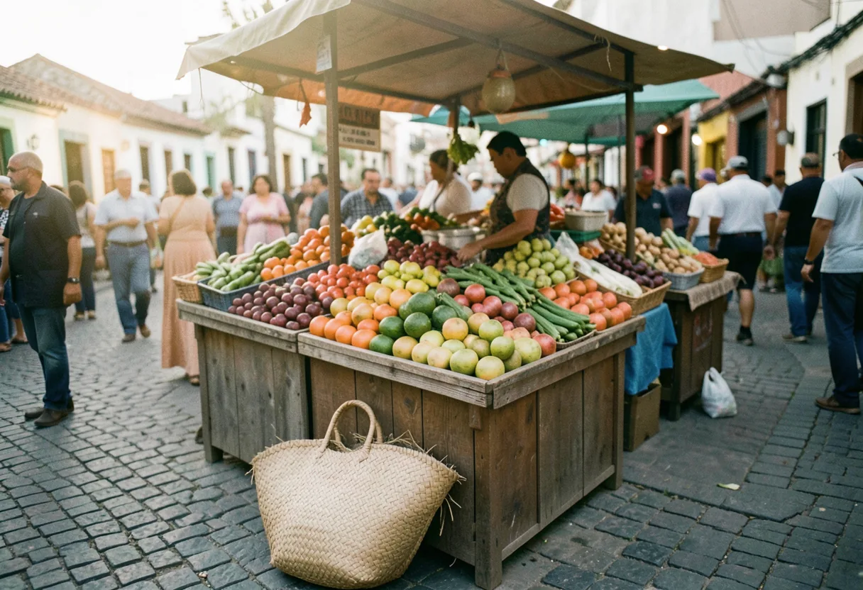 Ecuadorian market stall brimming with colorful fruits and vegetables under soft light.