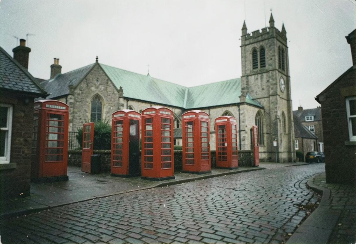 Red telephone boxes in a quiet village, British heritage, vintage postcard.
