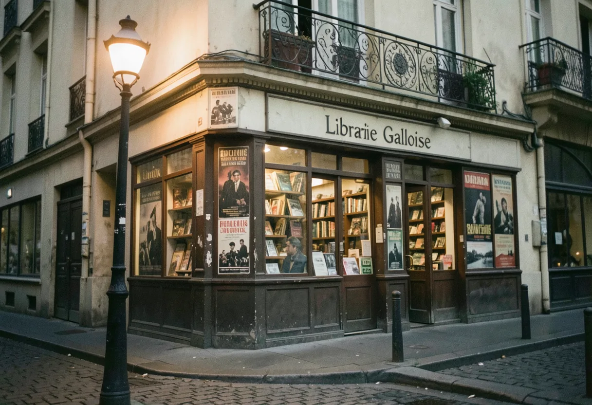 Parisian bookstore between cobblestone street and wrought iron balcony, Gallic culture media facts.