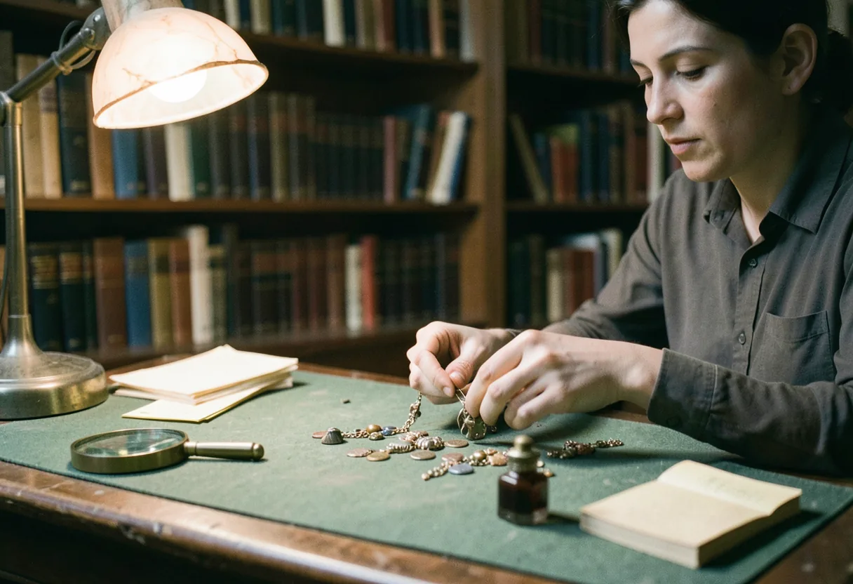 Desk with scattered objects, vintage weekly rituals, superstitions.