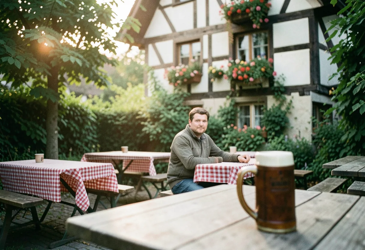 Bavarian beer garden bustling with patrons under large umbrellas, surrounded by trees. Fun Facts Germany.