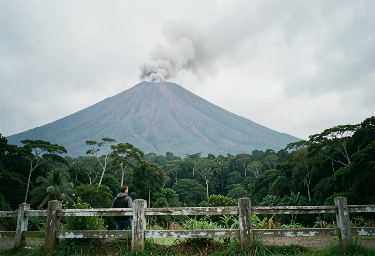 Volcán de Fuego erupting, smoky plume against muted sky, Guatemala. Mayan volcano facts.