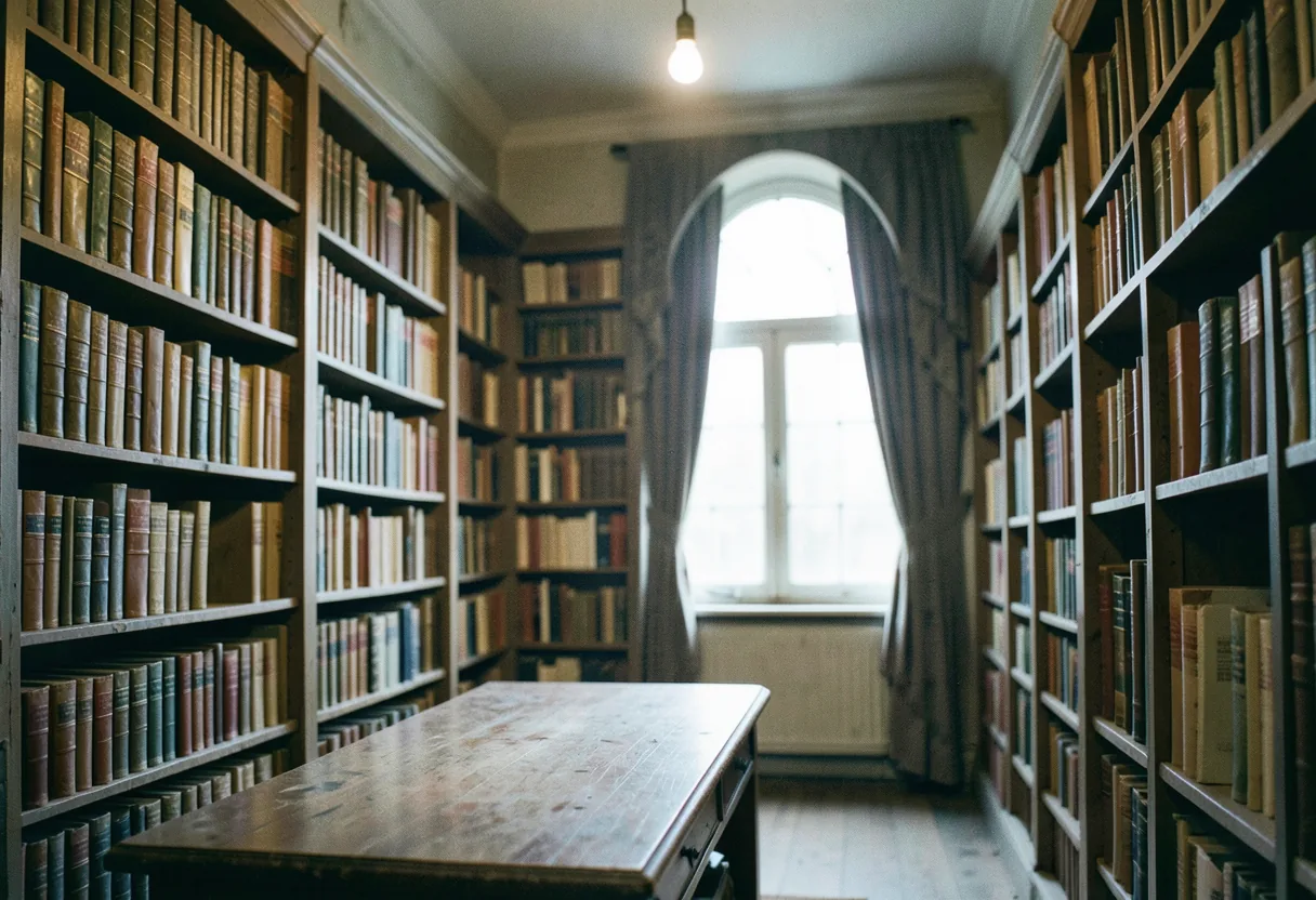 Weathered library with towering bookshelves, soft diffused light, Halloween history and traditions.