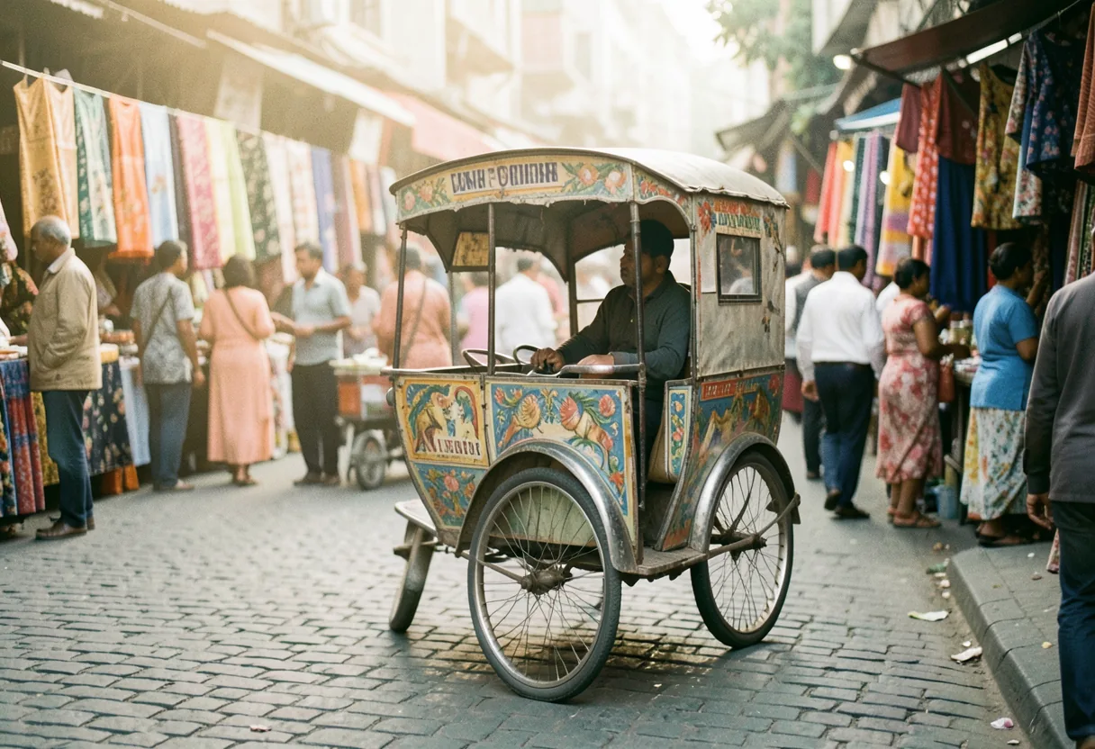 Vibrant South Asian street market with a traditional rickshaw, showcasing cultural heritage and bustling life.