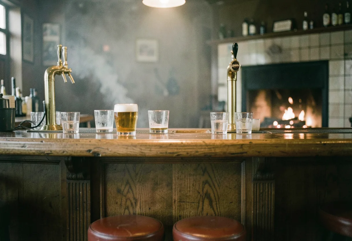 Cozy pub interior with worn oak bar and brass fixtures, Irish heritage ambiance.