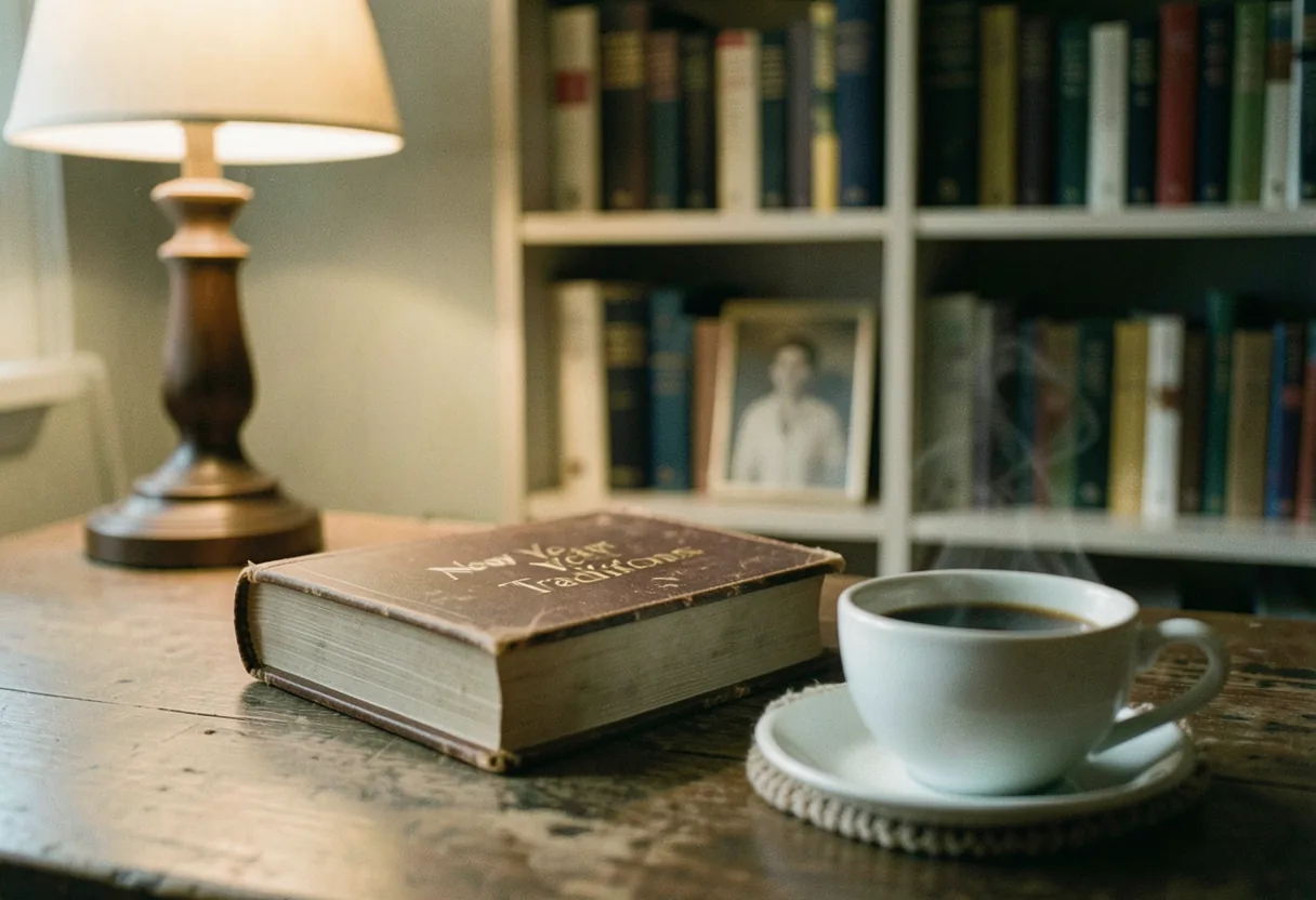 Cozy living room, warm lamp glow, New Year traditions book on table.