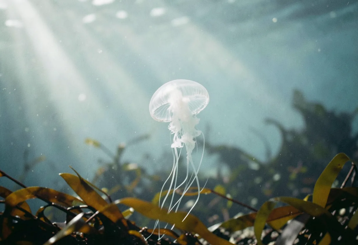 Jellyfish drifting in muted underwater light, illustrating ocean creature facts.