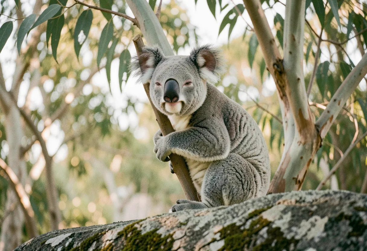 Koala on eucalyptus branch, muted colors, soft light, fun facts koala marsupial insights.
