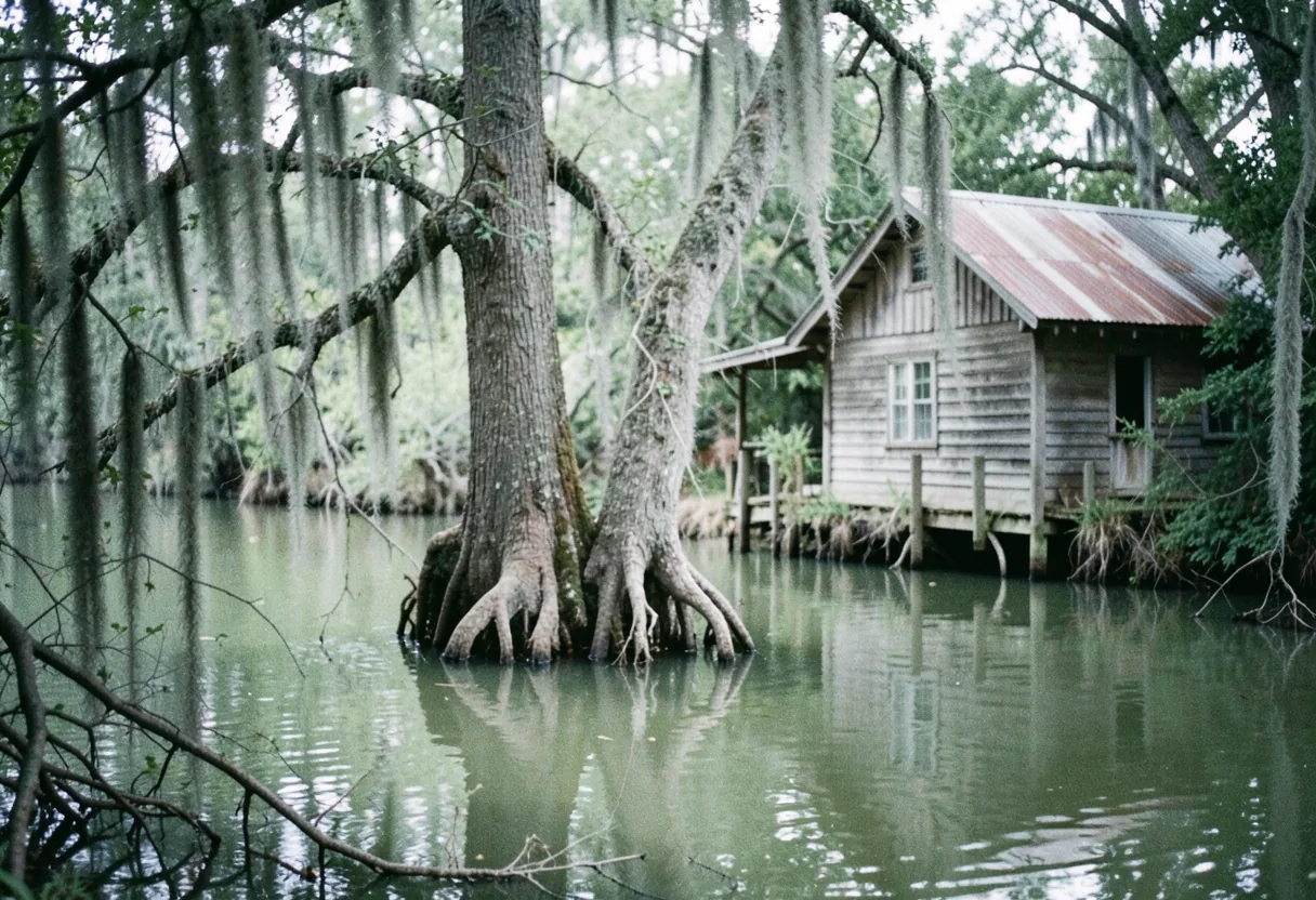 Lone cypress tree in murky green bayou water under soft diffused light, Louisiana culture.