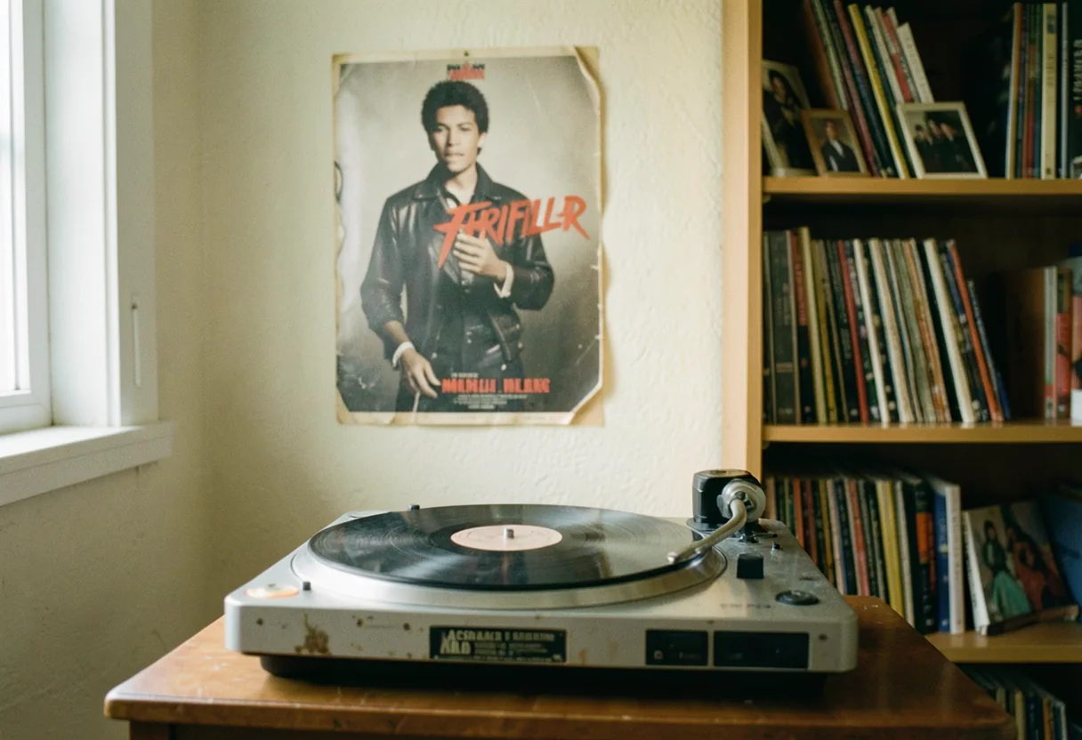 Vintage turntable with scratched surface, muted colors, soft lighting, King of Pop legacy facts.