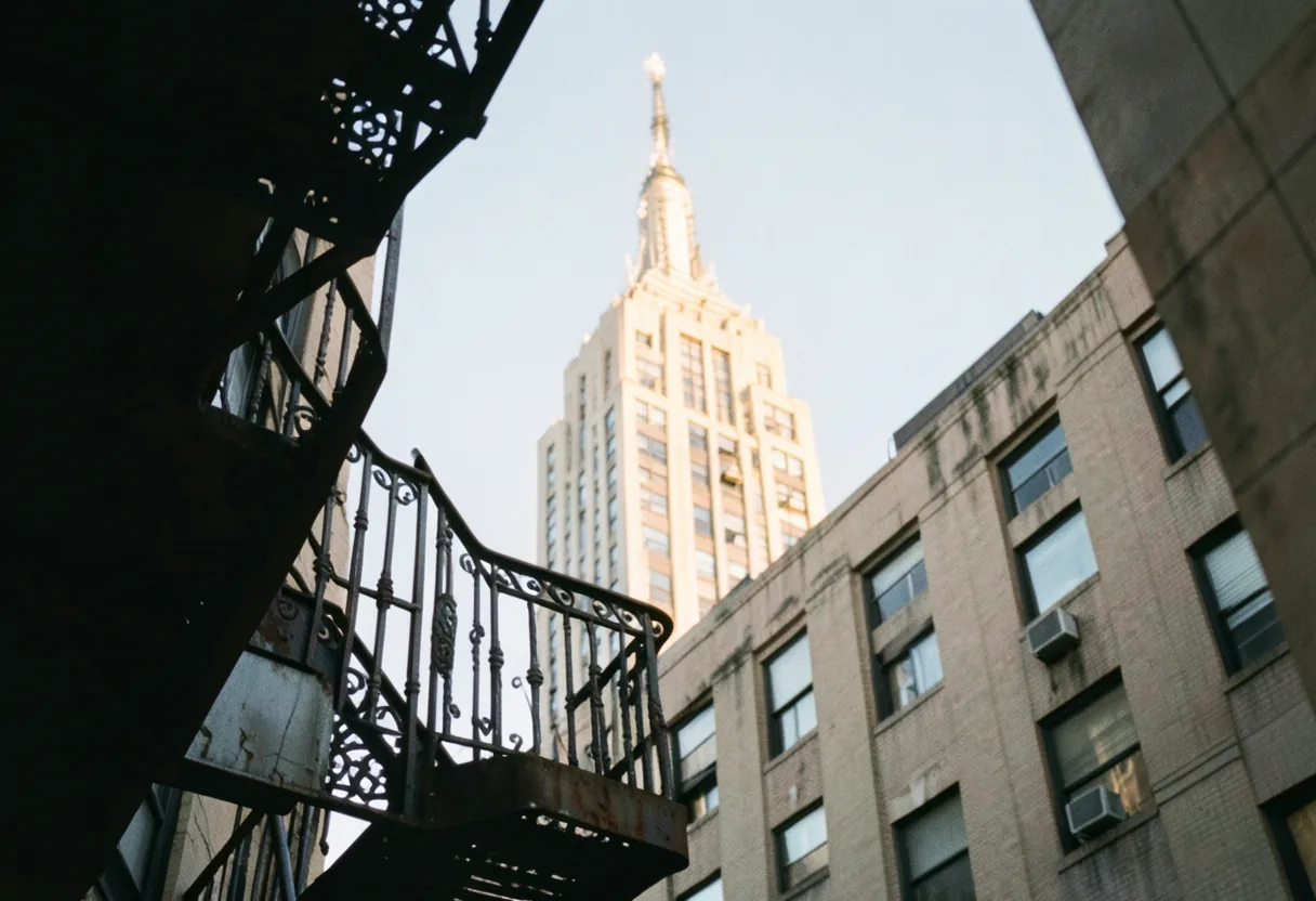 Empire State Building towering above a fire escape railing.