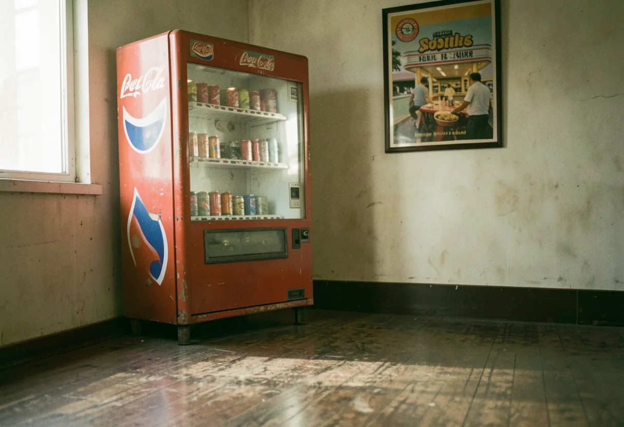Vintage Pepsi-Cola vending machine, faded logo, soft lighting, North Carolina discoveries.