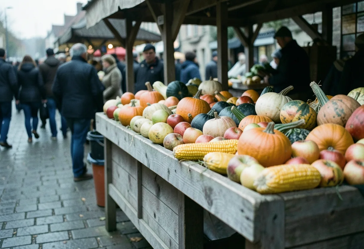 Rustic market stall with autumn produce under soft, diffused light. Fun Facts November: Autumn & Harvest Facts.