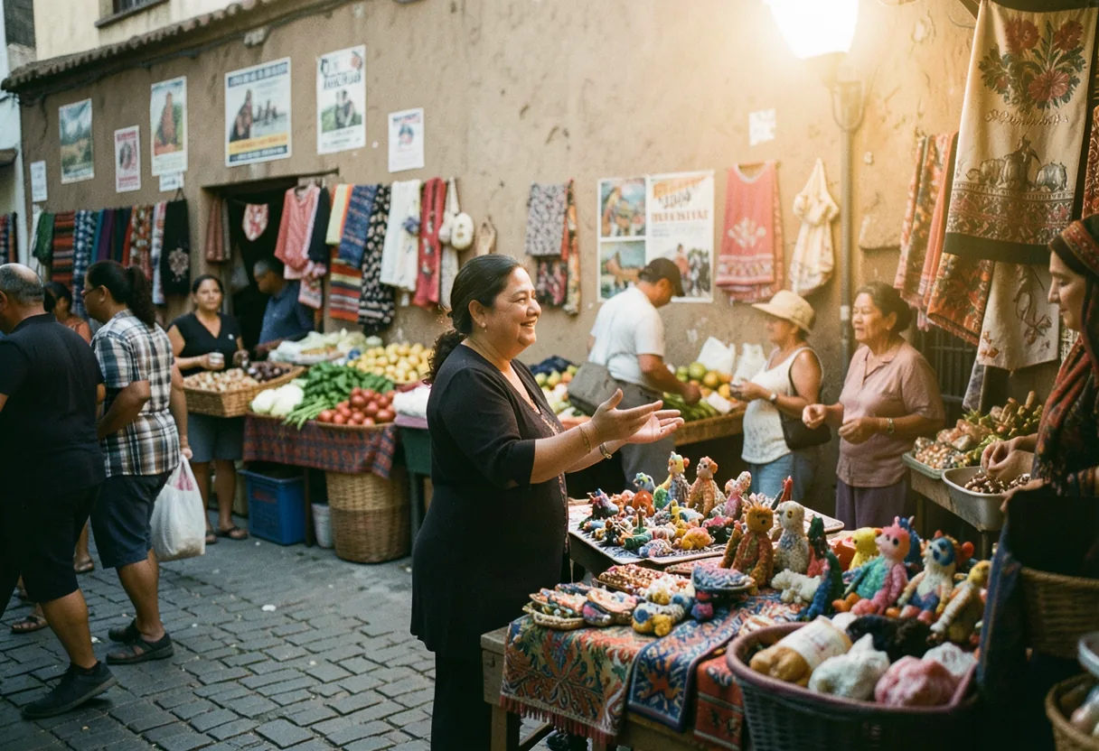 Vibrant Mexican mercado, bustling with life, colorful stalls under soft diffused light.