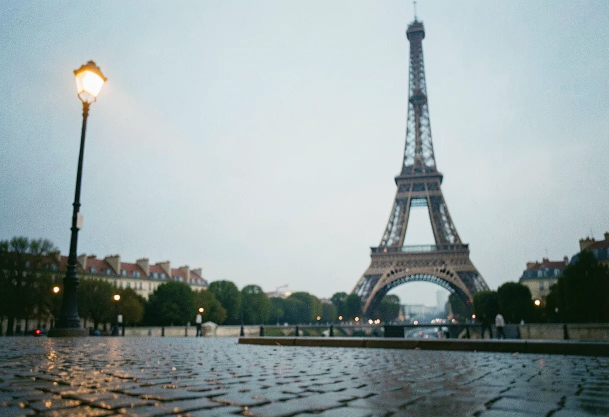 Eiffel Tower rising above muted Parisian cityscape, soft diffused light.