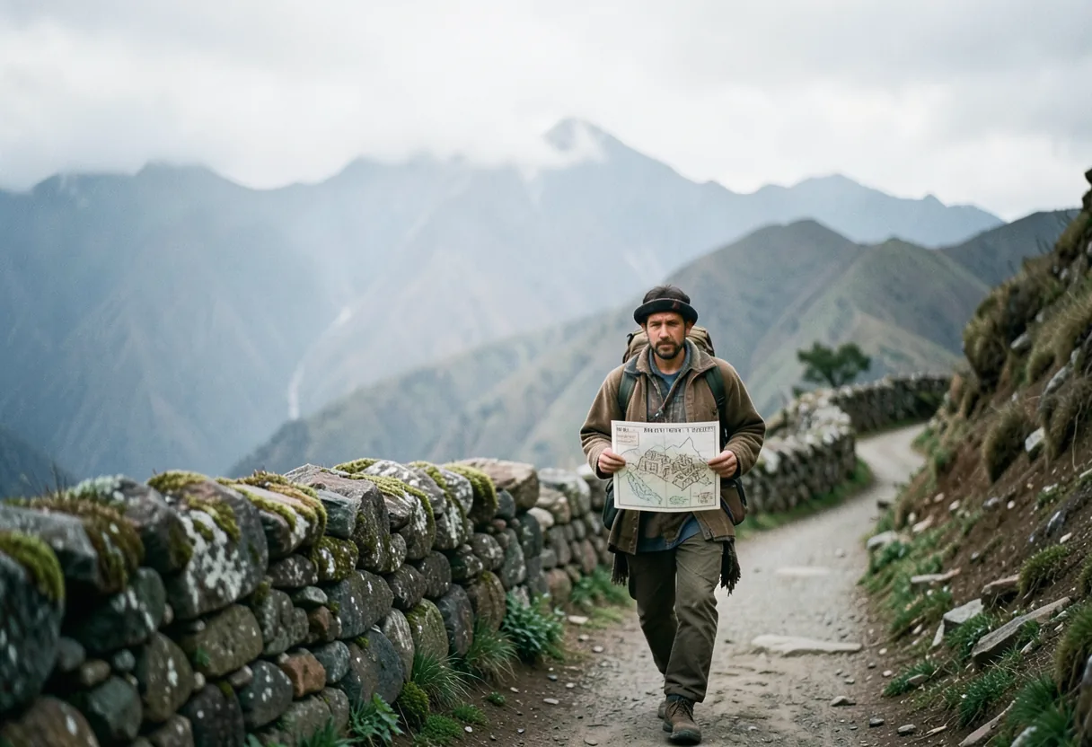 Ancient stone wall and winding mountain path in Peru, Inca and Andean discoveries.