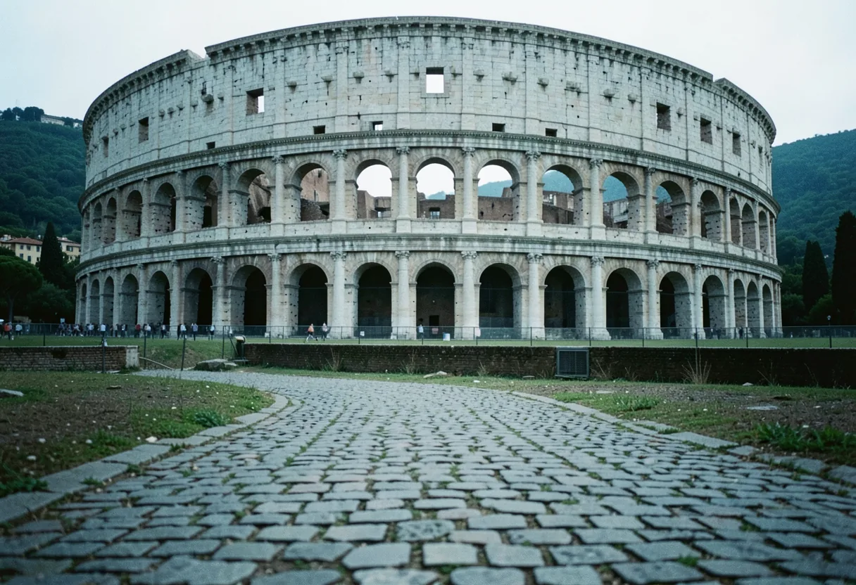 Ancient Colosseum under soft, diffused light, Rome's iconic landmark, eternal city heritage.