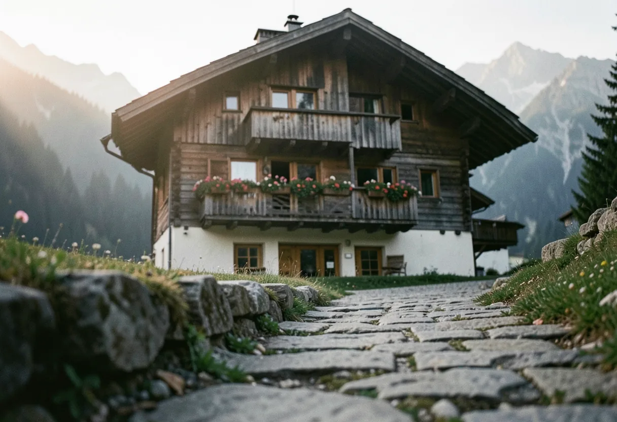 Weathered Swiss chalet nestled in Alpine landscape. Alpine Culture.