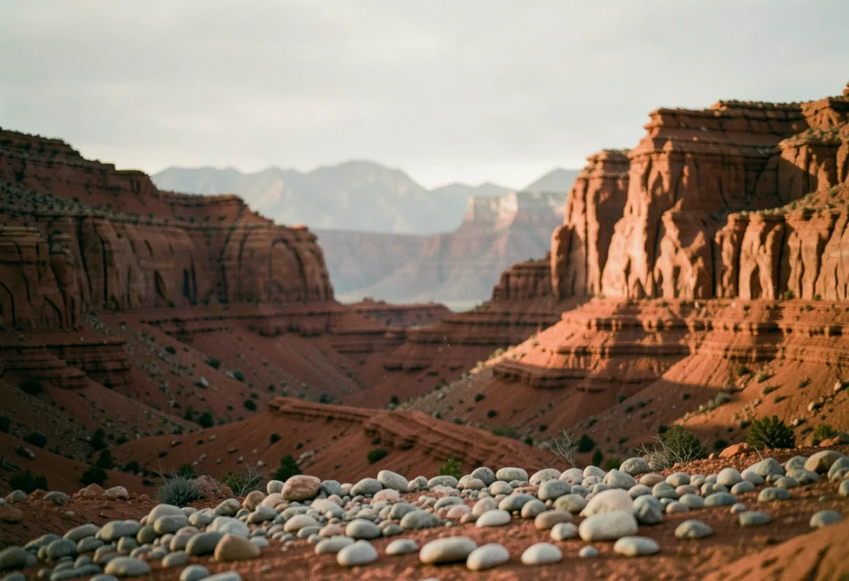 Red rock formations under soft, diffused light, Utah's geological wonders.