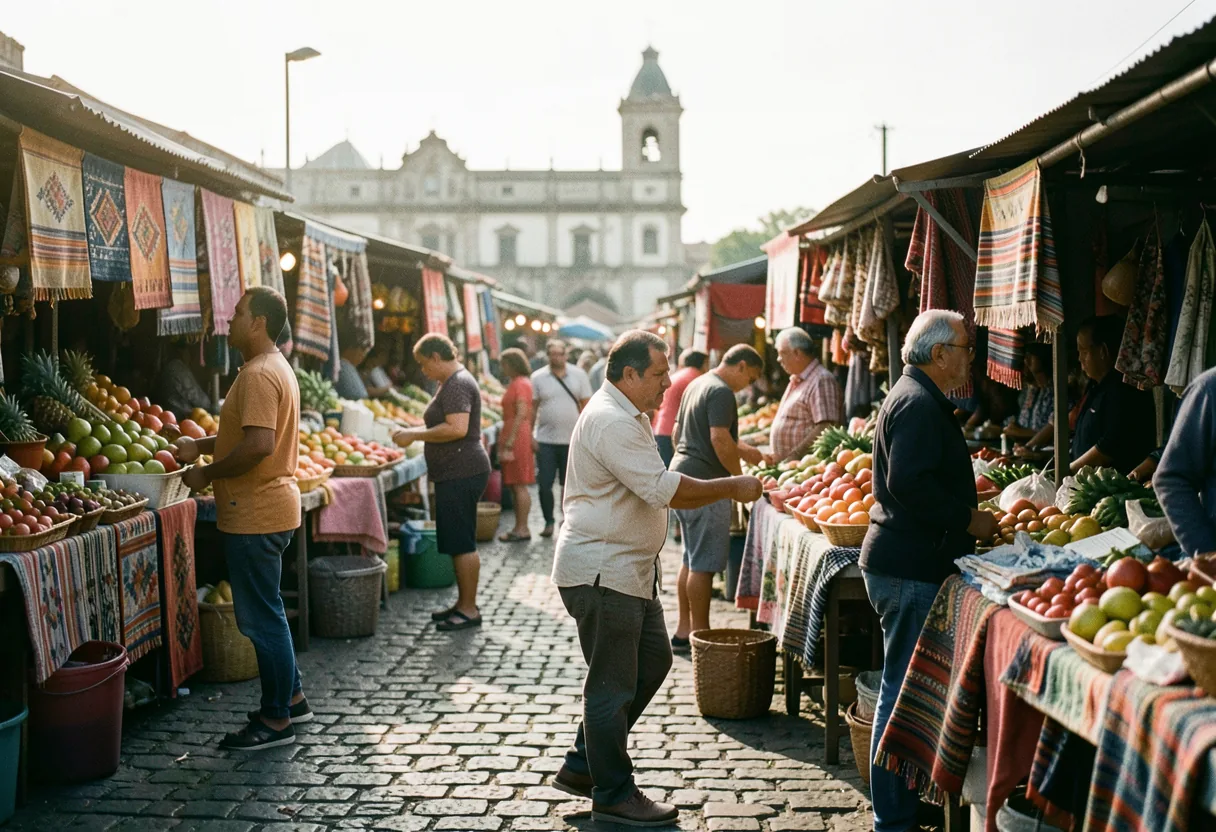 Vibrant Caracas market, colorful stalls, bustling crowd, Venezuelan culture, natural light.