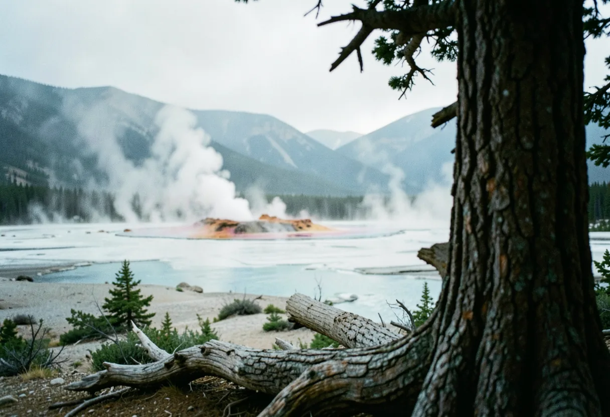 Grand Prismatic Spring, vibrant colors, surrounded by lush greenery, Yellowstone National Park.