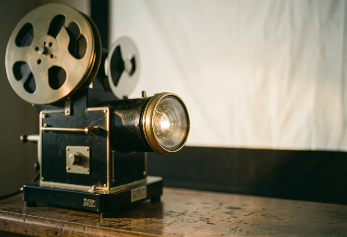Blurred movie screen with trivia quotes, soft film grain, muted colors, 35mm lens.